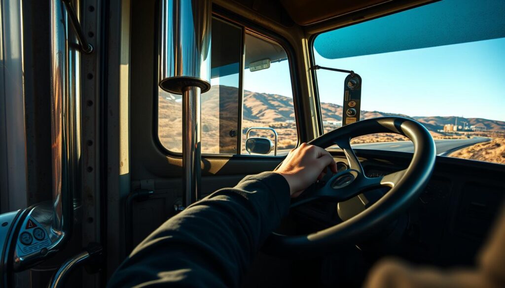 A big rig truck navigating a winding road, the driver's hands firmly gripping the steering wheel, their eyes focused intently on the path ahead. The truck's massive frame casts long shadows as it glides through a sun-dappled landscape, the engine's low rumble echoing in the distance. Detailed textures of the truck's chrome accents and weathered paint capture the weight and power of this heavy machinery. The scene conveys a sense of precision and control, illustrating the careful techniques required to steer a vehicle of this size with confidence and skill. A big rig truck navigating a winding road, the driver's hands firmly gripping the steering wheel, their eyes focused intently on the path ahead. The truck's massive frame casts long shadows as it glides through a sun-dappled landscape, the engine's low rumble echoing in the distance. Detailed textures of the truck's chrome accents and weathered paint capture the weight and power of this heavy machinery. The scene conveys a sense of precision and control, illustrating the careful techniques required to steer a vehicle of this size with confidence and skill.