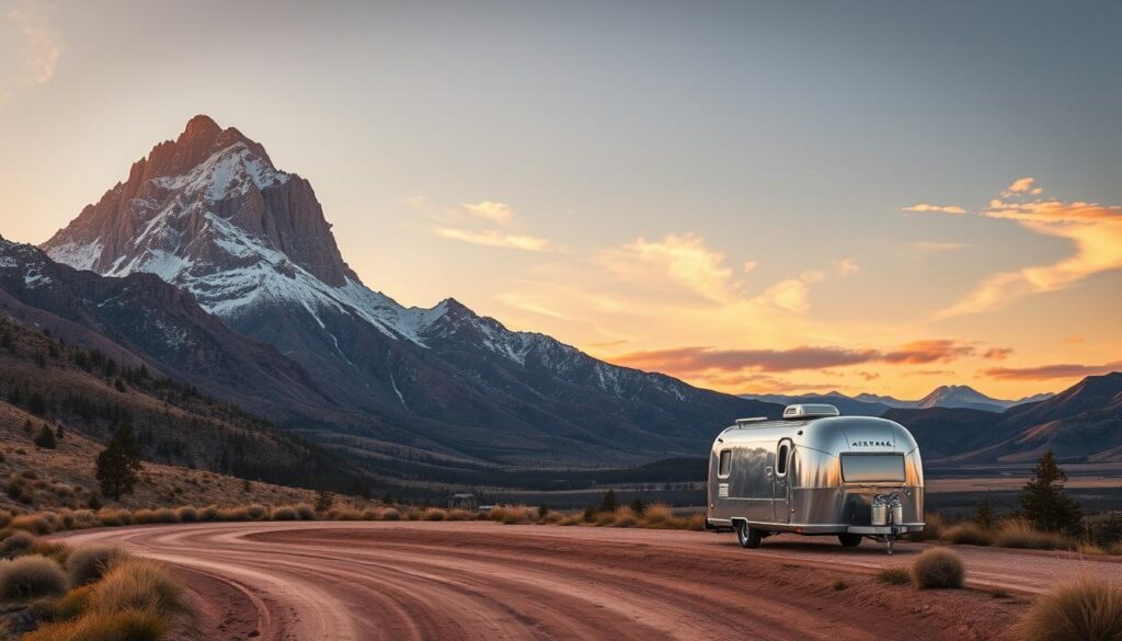 A breathtaking Western mountain landscape, bathed in the warm glow of the setting sun. In the foreground, a winding, dusty road leads towards a towering, snow-capped peak, its jagged edges silhouetted against the vibrant orange sky. In the middle ground, a lone, vintage Airstream RV is parked, its gleaming aluminum body reflecting the natural splendor that surrounds it. In the background, a panoramic vista of rugged, pine-covered ridges stretches out, framed by wispy, golden-hued clouds. The scene conveys a sense of serene isolation, inviting the viewer to embark on a tranquil RV adventure amidst the grandeur of the American West.