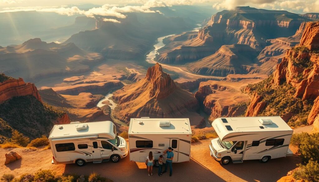 A breathtaking aerial vista of sprawling national parks, framed by the commanding silhouettes of iconic RVs parked amidst awe-inspiring landscapes. Vibrant hues of rust-colored canyons, verdant forests, and glistening lakes stretch out below, bathed in warm, golden sunlight filtering through wispy clouds. In the foreground, a family of adventurers stands in reverence, their RV a symbol of freedom and exploration, poised to embark on a journey through these magnificent natural wonders. The scene exudes a sense of wonder, adventure, and the boundless opportunities for exploration that await RV travelers in America's most treasured national parks. A breathtaking aerial vista of sprawling national parks, framed by the commanding silhouettes of iconic RVs parked amidst awe-inspiring landscapes. Vibrant hues of rust-colored canyons, verdant forests, and glistening lakes stretch out below, bathed in warm, golden sunlight filtering through wispy clouds. In the foreground, a family of adventurers stands in reverence, their RV a symbol of freedom and exploration, poised to embark on a journey through these magnificent natural wonders. The scene exudes a sense of wonder, adventure, and the boundless opportunities for exploration that await RV travelers in America's most treasured national parks.