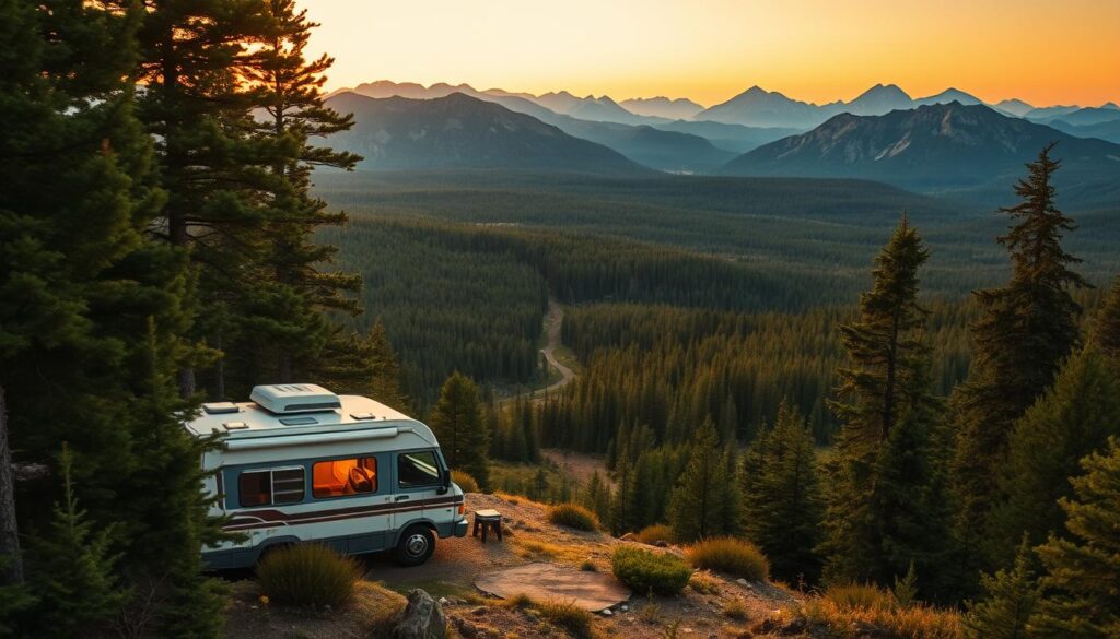 A breathtaking wilderness scene unfolds: a vast, untamed landscape under a golden hour sky. In the foreground, a cozy camper van sits nestled among towering pine trees, its warm glow beckoning weary adventurers. The middle ground reveals a winding trail leading deeper into the lush, verdant forest, inviting exploration. In the distance, rugged mountains rise majestically, their peaks bathed in soft, ethereal light. The atmosphere is one of tranquility and solitude, a serene refuge from the outside world. The entire scene is captured through the lens of a wide-angle, high-resolution camera, conveying a sense of immersive grandeur and the raw, untamed beauty of the East Coast's boondocking wilderness. A breathtaking wilderness scene unfolds: a vast, untamed landscape under a golden hour sky. In the foreground, a cozy camper van sits nestled among towering pine trees, its warm glow beckoning weary adventurers. The middle ground reveals a winding trail leading deeper into the lush, verdant forest, inviting exploration. In the distance, rugged mountains rise majestically, their peaks bathed in soft, ethereal light. The atmosphere is one of tranquility and solitude, a serene refuge from the outside world. The entire scene is captured through the lens of a wide-angle, high-resolution camera, conveying a sense of immersive grandeur and the raw, untamed beauty of the East Coast's boondocking wilderness.