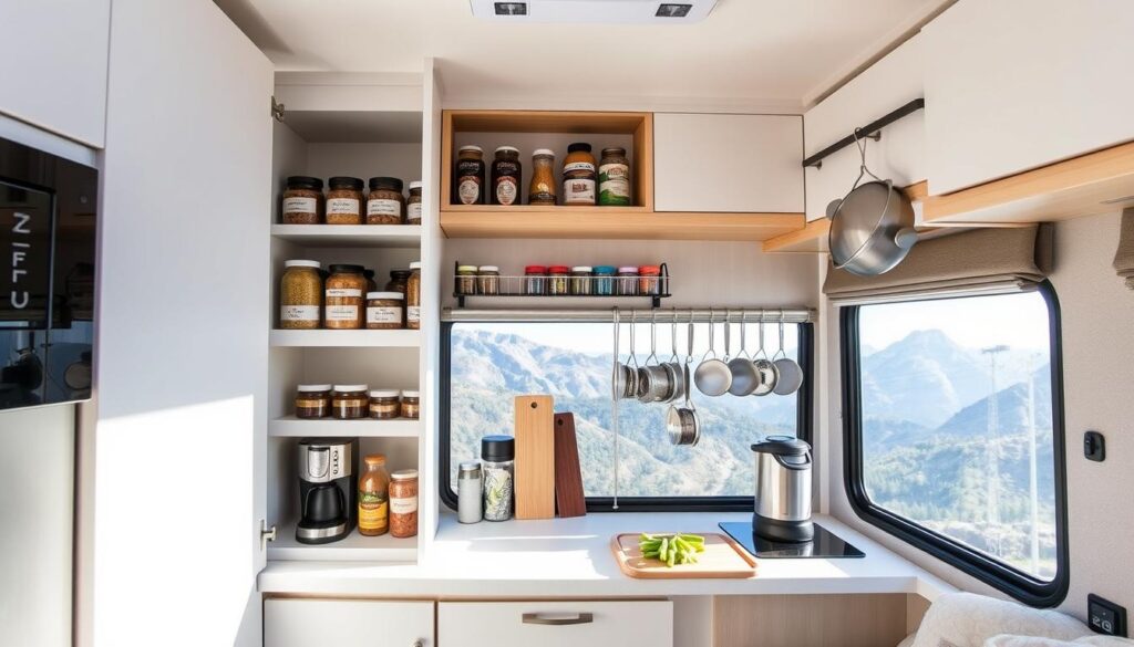 A bright, airy RV kitchen interior showcasing a variety of smart storage solutions. In the foreground, a sleek pull-out pantry system with labeled jars and containers. On the countertop, a compact coffee maker and a cutting board with freshly sliced vegetables. The middle ground features a custom-built spice rack and a hanging pot rack, optimizing limited space. The background shows a large window overlooking a scenic mountain landscape, providing ample natural light. The overall scene conveys an organized, efficient, and visually appealing RV kitchen, ready to inspire home cooks tackling meal preparation in a tiny mobile space. A bright, airy RV kitchen interior showcasing a variety of smart storage solutions. In the foreground, a sleek pull-out pantry system with labeled jars and containers. On the countertop, a compact coffee maker and a cutting board with freshly sliced vegetables. The middle ground features a custom-built spice rack and a hanging pot rack, optimizing limited space. The background shows a large window overlooking a scenic mountain landscape, providing ample natural light. The overall scene conveys an organized, efficient, and visually appealing RV kitchen, ready to inspire home cooks tackling meal preparation in a tiny mobile space.