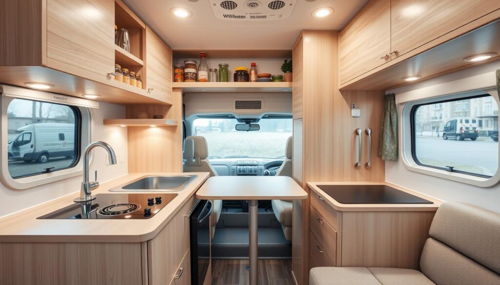 A bright, airy RV kitchen with clever space-saving solutions. Sleek, modern cabinets and countertops in a light, natural wood tone. Overhead shelves displaying neatly organized spices, herbs, and cooking utensils. A compact stovetop and sink, with a fold-out table for meal prep. Recessed lighting casts a warm glow, highlighting the efficient layout. Sliding drawers and hooks maximize storage in the limited space. The scene conveys a sense of order and functionality, perfect for the small-space living of an RV.