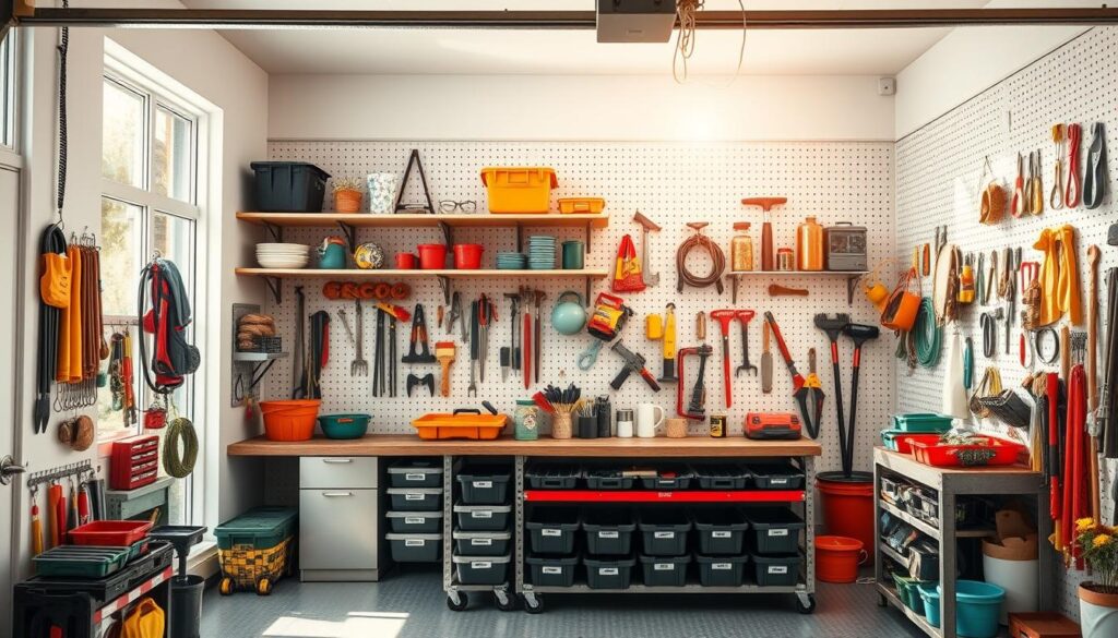 A bright, airy garage interior with neatly organized shelves, cabinets, and hooks lining the walls. Pegboard panels display an array of tools, gardening equipment, and seasonal items in a visually appealing arrangement. Sunlight streams in through large windows, casting warm shadows across the meticulously curated space. In the foreground, a workbench with labeled storage bins and a pegboard panel showcases a variety of DIY and home improvement essentials. The overall atmosphere conveys a sense of efficiency, productivity, and preparedness for the upcoming spring season.