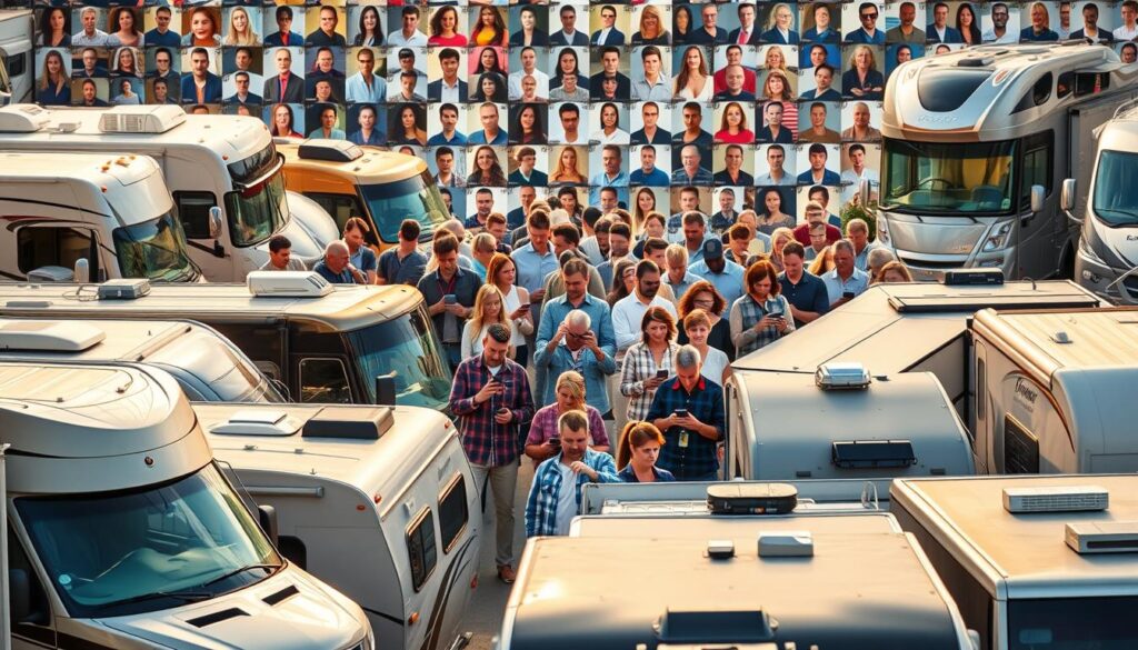 A bustling RV marketplace Facebook group, filled with vibrant online discussions and lively buying and selling. In the foreground, a variety of RVs - from sleek Class A motorhomes to rugged travel trailers - are showcased in high detail, their gleaming exteriors reflecting the warm, natural lighting. In the middle ground, members eagerly scroll through their phones, comparing features and negotiating deals. The background is a collage of group member profile images, creating a sense of community and engaged participation. The overall atmosphere is one of excitement, discovery, and the thrill of finding the perfect RV to embark on new adventures. A bustling RV marketplace Facebook group, filled with vibrant online discussions and lively buying and selling. In the foreground, a variety of RVs - from sleek Class A motorhomes to rugged travel trailers - are showcased in high detail, their gleaming exteriors reflecting the warm, natural lighting. In the middle ground, members eagerly scroll through their phones, comparing features and negotiating deals. The background is a collage of group member profile images, creating a sense of community and engaged participation. The overall atmosphere is one of excitement, discovery, and the thrill of finding the perfect RV to embark on new adventures.