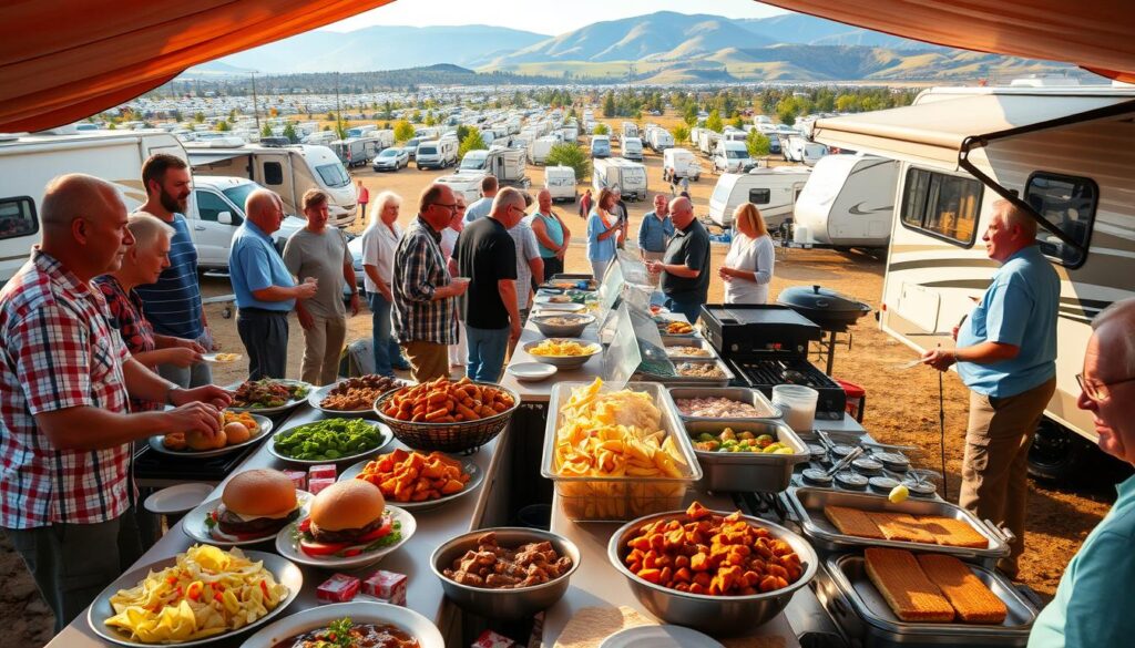 A bustling RV rally campground, filled with the aroma of sizzling burgers, smoky barbecue, and freshly brewed coffee. In the foreground, a long table laden with a variety of delectable dishes - crisp salads, hearty casseroles, and homemade pies. RV owners gathered around, chatting animatedly and sampling the diverse culinary offerings. In the middle ground, a makeshift outdoor kitchen, with grills and griddles manned by skilled rally chefs. The background is a panoramic view of the RV rally, with rows of gleaming recreational vehicles and a backdrop of lush, rolling hills. The scene is bathed in warm, golden light, capturing the convivial spirit and camaraderie of the RV community.