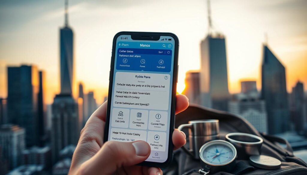 A bustling cityscape at dusk, towering skyscrapers silhouetted against a golden-hued sky. In the foreground, a close-up of a smartphone screen displaying various cellular data plan options, with icons and infographics highlighting features like data limits, coverage maps, and download speeds. The middle ground features a traveler's hand, clutching the phone, surrounded by the tools of the nomadic life - a backpack, a travel mug, and a compass. The background is softly blurred, suggesting the sense of movement and exploration that characterizes life on the road. The overall mood is one of technological connectivity, practical considerations, and the excitement of adventure.