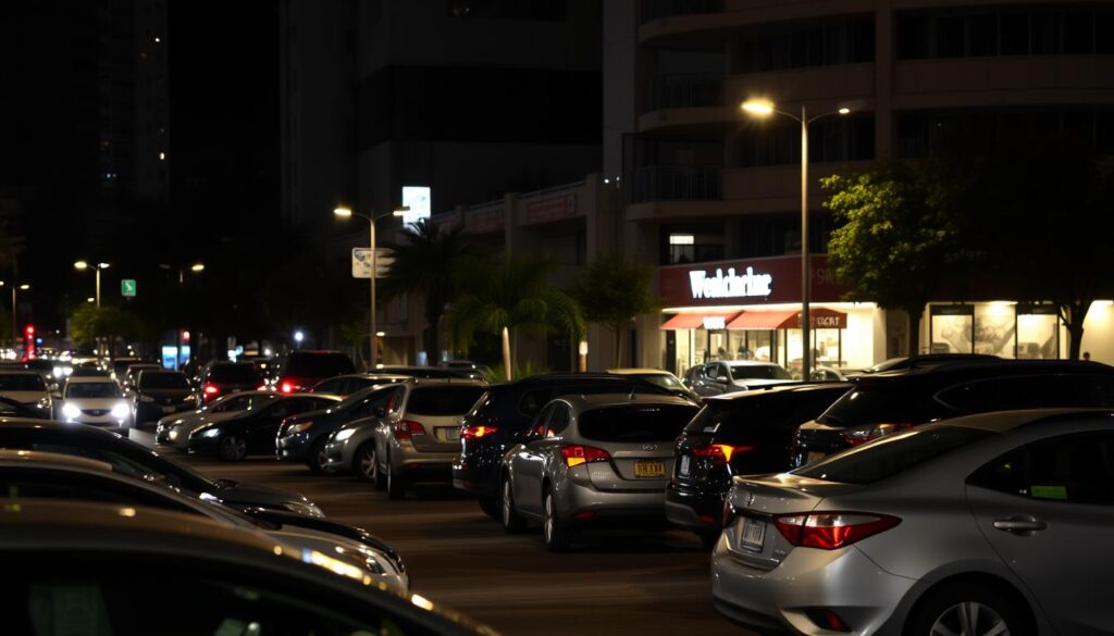 A bustling urban street at night, with a well-lit parking lot in the foreground. The lot is populated with various vehicles, suggesting a mix of customer and employee parking. In the background, the facade of a local business, such as a restaurant or retail store, is visible, illuminated by warm lighting. The scene conveys a sense of activity and opportunity, hinting at the potential for overnight parking. The lighting is soft and inviting, creating a welcoming atmosphere. The camera angle is slightly elevated, providing a comprehensive view of the parking area and the surrounding environment. A bustling urban street at night, with a well-lit parking lot in the foreground. The lot is populated with various vehicles, suggesting a mix of customer and employee parking. In the background, the facade of a local business, such as a restaurant or retail store, is visible, illuminated by warm lighting. The scene conveys a sense of activity and opportunity, hinting at the potential for overnight parking. The lighting is soft and inviting, creating a welcoming atmosphere. The camera angle is slightly elevated, providing a comprehensive view of the parking area and the surrounding environment.