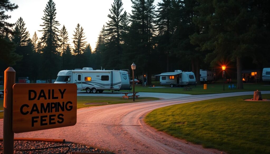 A campground at dusk, with a pristine RV nestled among towering pines. In the foreground, a wooden sign displays the daily camping fees in bold lettering. The middle ground reveals a well-maintained gravel road leading to various campsites, each with its own picnic table and fire pit. In the background, a meticulously groomed lawn stretches out, dotted with the silhouettes of other RVs, their owners gathered around crackling campfires. The scene is bathed in warm, golden light, creating a serene and inviting atmosphere, inviting the viewer to imagine the hidden costs of RV ownership as they plan their next outdoor adventure. A campground at dusk, with a pristine RV nestled among towering pines. In the foreground, a wooden sign displays the daily camping fees in bold lettering. The middle ground reveals a well-maintained gravel road leading to various campsites, each with its own picnic table and fire pit. In the background, a meticulously groomed lawn stretches out, dotted with the silhouettes of other RVs, their owners gathered around crackling campfires. The scene is bathed in warm, golden light, creating a serene and inviting atmosphere, inviting the viewer to imagine the hidden costs of RV ownership as they plan their next outdoor adventure.