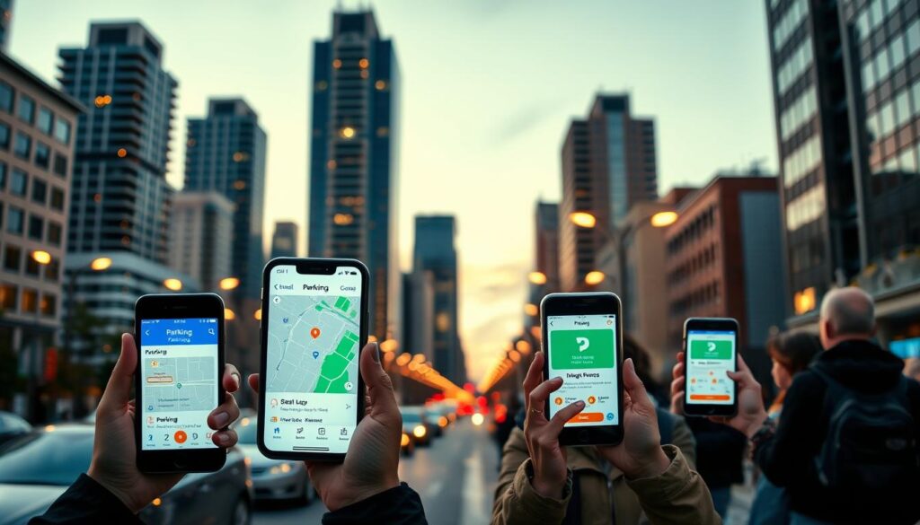 A cityscape at dusk, with modern high-rise buildings in the background and a busy street in the foreground. Prominently displayed are several mobile devices, each showing a different parking app interface. The apps display real-time parking availability, pricing, and navigation information. A group of pedestrians are interacting with the apps, planning their parking strategy. Warm lighting from streetlamps and buildings casts a cozy glow over the scene. The composition emphasizes the seamless integration of technology and urban infrastructure, facilitating effortless legal parking. A cityscape at dusk, with modern high-rise buildings in the background and a busy street in the foreground. Prominently displayed are several mobile devices, each showing a different parking app interface. The apps display real-time parking availability, pricing, and navigation information. A group of pedestrians are interacting with the apps, planning their parking strategy. Warm lighting from streetlamps and buildings casts a cozy glow over the scene. The composition emphasizes the seamless integration of technology and urban infrastructure, facilitating effortless legal parking.