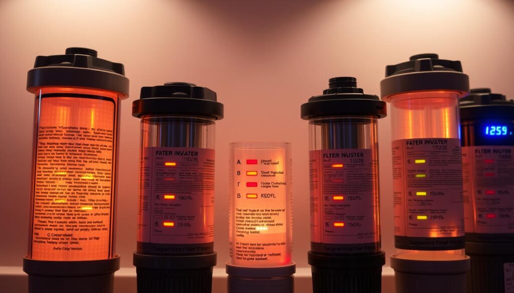 A close-up view of multiple RV water filter housings, showcasing their replacement indicators. The filters are displayed in the foreground, illuminated by warm, diffused lighting that accentuates their intricate textures and details. The middle ground features a clean, minimalist background, allowing the filters to be the primary focus. The image is captured from a slightly elevated angle, providing a clear and comprehensive view of the filters' replacement mechanisms, such as color-coded indicators or digital displays. The overall mood is one of informative clarity, highlighting the importance of maintaining clean water in an RV environment.