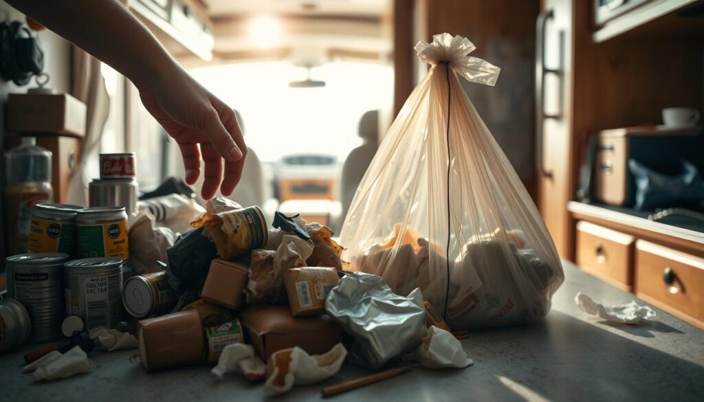 A cluttered kitchen counter, scattered with expired cans, moldy bread, and crumpled packaging. In the foreground, a hand reaches to sweep these unwanted items into a trash bag, casting them aside. The background fades into a cozy RV interior, sunlight streaming through the windows, hinting at the fresh start and unencumbered adventure awaiting beyond. Captured with a soft, warm lens, the scene conveys a sense of letting go, of decluttering and simplifying one's journey. The mood is reflective, a moment of transition between the past and the open road ahead. A cluttered kitchen counter, scattered with expired cans, moldy bread, and crumpled packaging. In the foreground, a hand reaches to sweep these unwanted items into a trash bag, casting them aside. The background fades into a cozy RV interior, sunlight streaming through the windows, hinting at the fresh start and unencumbered adventure awaiting beyond. Captured with a soft, warm lens, the scene conveys a sense of letting go, of decluttering and simplifying one's journey. The mood is reflective, a moment of transition between the past and the open road ahead.