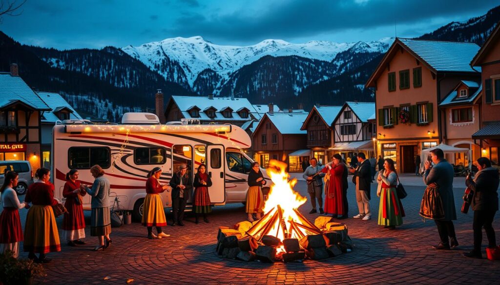 A colorful holiday celebration in a cozy RV, parked in a picturesque town square. In the foreground, locals in traditional attire gather around a roaring bonfire, dancing and playing lively music. The RV is adorned with twinkling lights and festive decorations, blending seamlessly with the quaint buildings and cobblestone streets in the middle ground. In the background, snow-capped mountains loom, casting a warm, golden glow over the entire scene. The lighting is soft and inviting, capturing the joyous spirit of the local culture's holiday traditions.