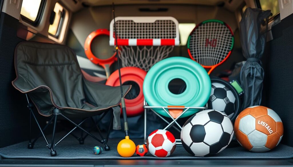 A compact, neatly arranged set of versatile sporting equipment for an RV camping trip. In the foreground, a folding camping chair, a compact fishing rod, and a small kickball. In the middle ground, a portable frisbee and a miniature basketball hoop. The background features a lightweight, foldable tennis racket and a collapsible soccer ball. The equipment is illuminated by soft, natural lighting, creating a cozy, outdoor-friendly atmosphere. The composition emphasizes the efficient, space-saving design of the items, perfectly suited for limited RV storage. A compact, neatly arranged set of versatile sporting equipment for an RV camping trip. In the foreground, a folding camping chair, a compact fishing rod, and a small kickball. In the middle ground, a portable frisbee and a miniature basketball hoop. The background features a lightweight, foldable tennis racket and a collapsible soccer ball. The equipment is illuminated by soft, natural lighting, creating a cozy, outdoor-friendly atmosphere. The composition emphasizes the efficient, space-saving design of the items, perfectly suited for limited RV storage.