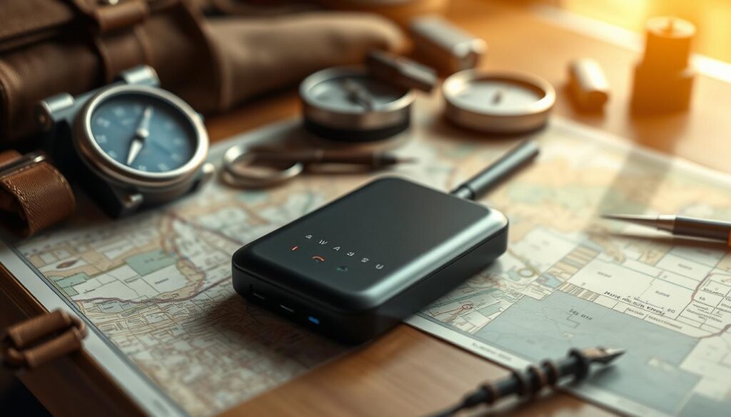 A compact, sleek mobile hotspot router rests on a wooden table, its subtle LED indicators glowing softly. The device is surrounded by a map, a compass, and various travel accessories, hinting at its purpose as a reliable internet companion for road trips. Warm, natural lighting cascades across the scene, creating a cozy, adventurous atmosphere. The image showcases the hotspot's portability and versatility, seamlessly integrating it into the everyday essentials of the modern road warrior.