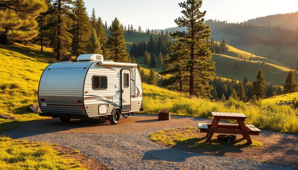A cozy RV campsite nestled in a lush, verdant landscape, with rolling hills and towering pine trees in the background. In the foreground, a well-maintained gravel path leads to a compact, budget-friendly RV, its solar panels gleaming in the warm, golden sunlight. Surrounding the RV, simple yet functional amenities, such as a picnic table and a small fire pit, create a welcoming atmosphere for budget-conscious travelers seeking an affordable outdoor escape. The scene evokes a sense of tranquility and simplicity, perfect for those embarking on their first RV adventure.