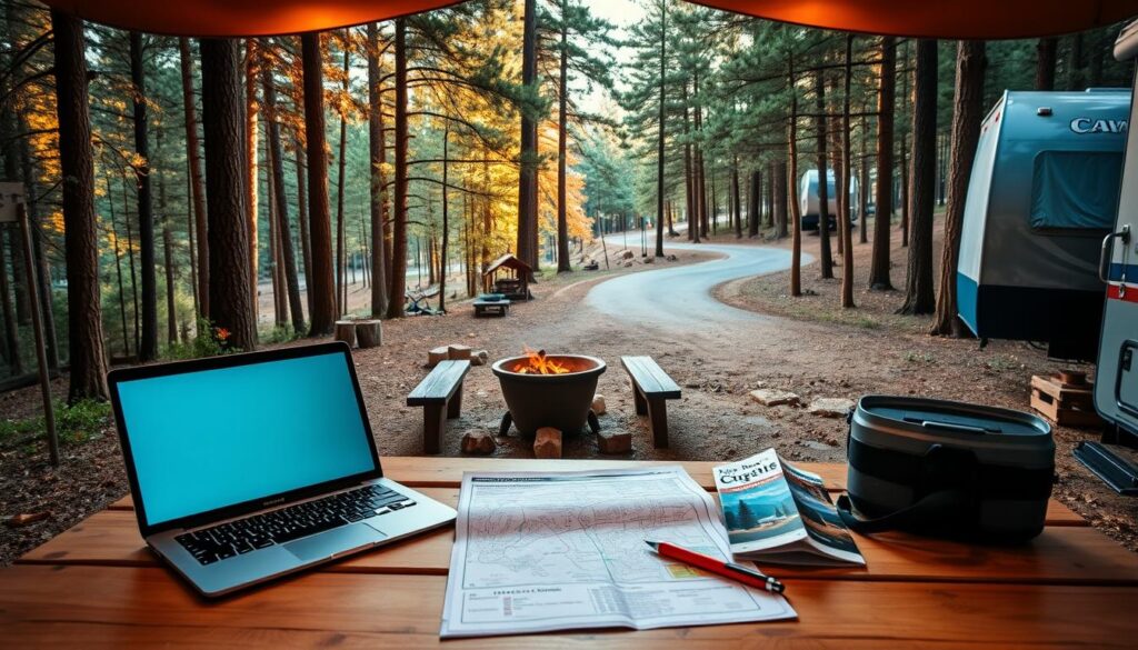 A cozy RV campsite nestled in a scenic forest, with a well-equipped picnic table and a fire pit, ready for budgeting and planning an unforgettable road trip. Soft, warm lighting illuminates the scene, casting a golden glow on the surrounding trees. In the foreground, a laptop and a pen rest on the table, representing the careful planning and budgeting process. In the middle ground, a detailed campsite map and a camping guidebook provide the necessary information for booking the perfect site. The background features a serene, winding road leading deeper into the wilderness, hinting at the adventure to come. This image captures the essence of the "Understanding RV Campsite Booking" section, inviting the viewer to imagine the preparatory steps for a stress-free RV trip.