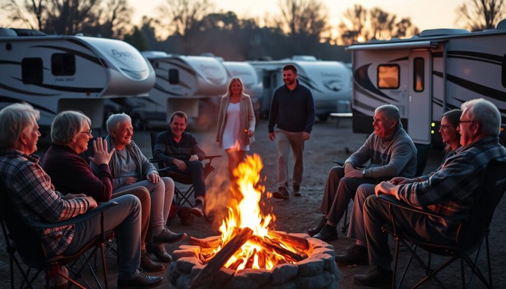 A cozy RV community gathered around a crackling campfire, their faces warmly lit by the flickering flames. In the foreground, a group of friends sitting on folding chairs, engaged in lively conversation, their gestures animated as they share stories and experiences. In the middle ground, a couple strolling hand-in-hand, pausing to greet their neighbors with welcoming smiles. The background reveals a cluster of RVs, their streamlined silhouettes casting long shadows under a soft, golden sunset. The atmosphere is one of camaraderie, support, and a deep sense of belonging in this close-knit, small-space living environment. A cozy RV community gathered around a crackling campfire, their faces warmly lit by the flickering flames. In the foreground, a group of friends sitting on folding chairs, engaged in lively conversation, their gestures animated as they share stories and experiences. In the middle ground, a couple strolling hand-in-hand, pausing to greet their neighbors with welcoming smiles. The background reveals a cluster of RVs, their streamlined silhouettes casting long shadows under a soft, golden sunset. The atmosphere is one of camaraderie, support, and a deep sense of belonging in this close-knit, small-space living environment.