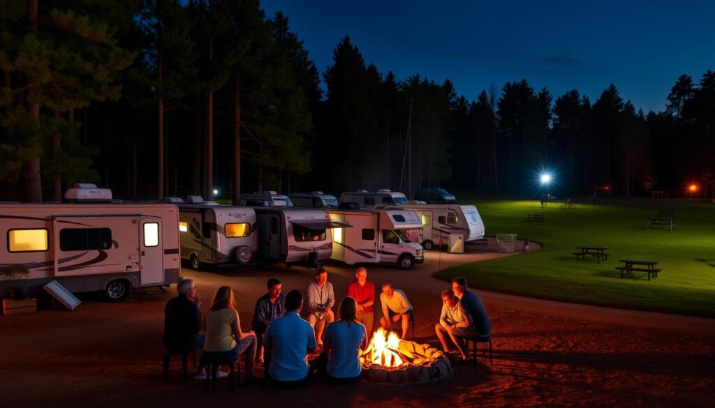 A cozy RV community gathered at a well-lit campground, surrounded by towering pines and a clear night sky. In the foreground, a group of friends sit around a crackling fire, sharing stories and laughter. RVs of various makes and models are parked neatly in the middle ground, their windows aglow with warm light. In the background, a meticulously maintained grassy field dotted with picnic tables and a playground, hinting at the rich communal experience. The scene exudes a sense of camaraderie, comfort, and connection, capturing the spirit of the RV lifestyle. A cozy RV community gathered at a well-lit campground, surrounded by towering pines and a clear night sky. In the foreground, a group of friends sit around a crackling fire, sharing stories and laughter. RVs of various makes and models are parked neatly in the middle ground, their windows aglow with warm light. In the background, a meticulously maintained grassy field dotted with picnic tables and a playground, hinting at the rich communal experience. The scene exudes a sense of camaraderie, comfort, and connection, capturing the spirit of the RV lifestyle.
