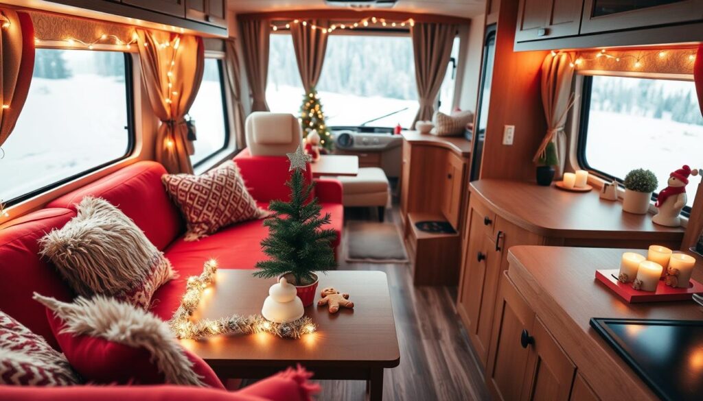 A cozy RV interior adorned with vibrant holiday decor. In the foreground, a plush red sofa is accented by plush throw pillows and a twinkling string of fairy lights. On the coffee table, a miniature Christmas tree stands tall, its branches dripping with tinsel and ornaments. The mid-ground features a warm, inviting kitchenette, its countertops dotted with festive candles and gingerbread figurines. Stepping back, the background reveals a large picture window, offering a picturesque view of a snowy winter landscape bathed in the soft glow of string lights strung along the RV's exterior. The overall scene exudes a sense of festive hygge, perfectly capturing the spirit of celebrating the holidays in the comfort of a cozy recreational vehicle.