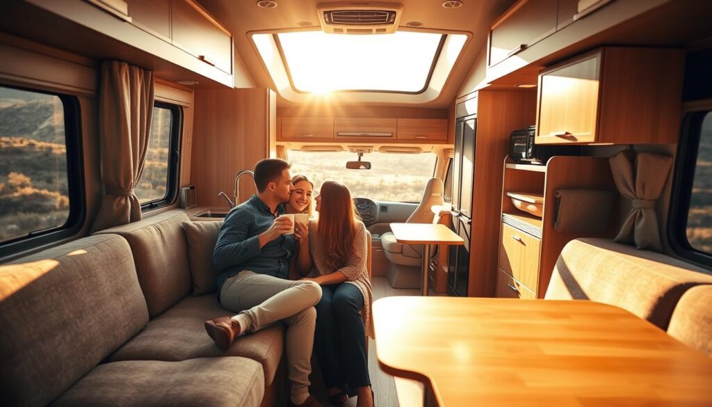 A cozy RV interior, bathed in warm, golden light streaming through the windows. In the foreground, a young couple sits close together on a plush, L-shaped sofa, sharing a mug of steaming coffee as they gaze out at the scenic landscape beyond. The middle ground features a compact kitchenette with sleek, modern appliances, and a fold-down dining table, showcasing the efficient use of space. In the background, a neatly organized storage system lines the walls, optimizing every inch for maximum livability. The atmosphere is one of intimate contentment, highlighting the joys of minimalist living and the shared experiences of RV life. A cozy RV interior, bathed in warm, golden light streaming through the windows. In the foreground, a young couple sits close together on a plush, L-shaped sofa, sharing a mug of steaming coffee as they gaze out at the scenic landscape beyond. The middle ground features a compact kitchenette with sleek, modern appliances, and a fold-down dining table, showcasing the efficient use of space. In the background, a neatly organized storage system lines the walls, optimizing every inch for maximum livability. The atmosphere is one of intimate contentment, highlighting the joys of minimalist living and the shared experiences of RV life.