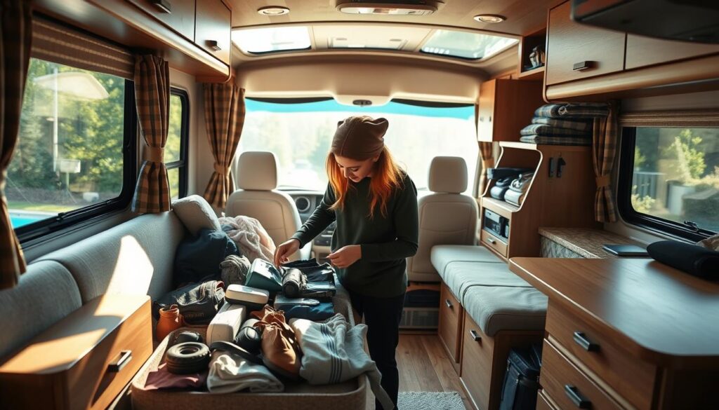 A cozy RV interior, bathed in warm, natural light filtering through large windows. In the foreground, a person thoughtfully sorting through a neatly organized collection of personal belongings, meticulously downsizing their possessions to fit the compact living space. The middle ground reveals strategically placed storage solutions and space-saving furniture, creating a harmonious, minimalist aesthetic. In the background, glimpses of the lush, serene outdoor environment surrounding the RV, hinting at the freedom and simplicity of the RV lifestyle. The overall mood is one of contentment, focus, and a sense of intentional living, reflecting the lifestyle changes required for embracing RV living.