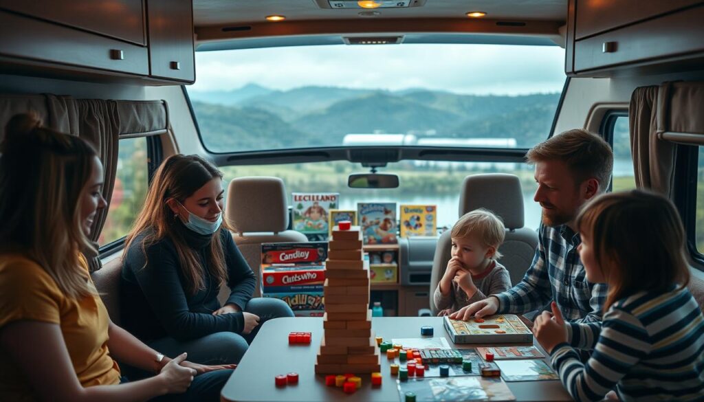 A cozy RV interior filled with a variety of family-friendly board games and activities. In the foreground, a group of parents and children engaged in a lively game of Jenga, their faces lit by warm, inviting lighting. In the middle ground, a shelf displays an assortment of classic board games like Candyland, Chutes and Ladders, and Guess Who, their colorful pieces and components inviting exploration. The background features a picturesque landscape visible through the RV's windows, with rolling hills and a serene lake, creating a sense of peaceful escapism. The overall atmosphere is one of togetherness, relaxation, and quality time spent as a family during a rainy RV adventure. A cozy RV interior filled with a variety of family-friendly board games and activities. In the foreground, a group of parents and children engaged in a lively game of Jenga, their faces lit by warm, inviting lighting. In the middle ground, a shelf displays an assortment of classic board games like Candyland, Chutes and Ladders, and Guess Who, their colorful pieces and components inviting exploration. The background features a picturesque landscape visible through the RV's windows, with rolling hills and a serene lake, creating a sense of peaceful escapism. The overall atmosphere is one of togetherness, relaxation, and quality time spent as a family during a rainy RV adventure.