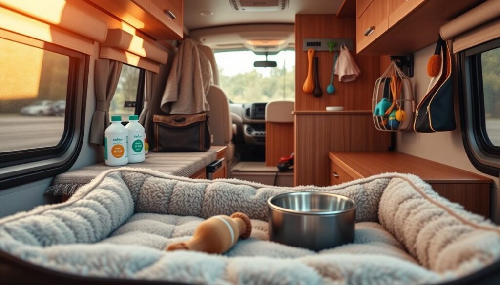 A cozy RV interior filled with pet-friendly essentials for a comfortable and clean journey. In the foreground, a plush bed with a chew toy and water bowl, illuminated by warm, natural lighting. In the middle ground, a grooming station with a soft towel, brush, and non-toxic cleaning supplies. The background showcases functional storage solutions, including a hanging organizer for toys and treats. The overall atmosphere exudes a sense of tranquility and care, catering to the well-being of the beloved furry companion. A cozy RV interior filled with pet-friendly essentials for a comfortable and clean journey. In the foreground, a plush bed with a chew toy and water bowl, illuminated by warm, natural lighting. In the middle ground, a grooming station with a soft towel, brush, and non-toxic cleaning supplies. The background showcases functional storage solutions, including a hanging organizer for toys and treats. The overall atmosphere exudes a sense of tranquility and care, catering to the well-being of the beloved furry companion.
