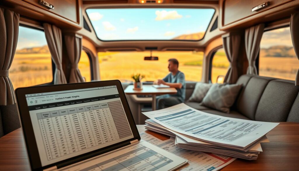 A cozy RV interior with a focus on healthcare budgeting materials. The foreground features an open laptop displaying a spreadsheet, alongside a stack of medical bills and insurance documents. In the middle ground, a person sits at a small dinette table, meticulously reviewing their finances. The background showcases the RV's panoramic windows, offering a scenic view of a picturesque countryside landscape. Warm, natural lighting filters through, creating a serene atmosphere. The overall composition conveys the careful planning and attention to detail required for managing healthcare costs while living the RV lifestyle. A cozy RV interior with a focus on healthcare budgeting materials. The foreground features an open laptop displaying a spreadsheet, alongside a stack of medical bills and insurance documents. In the middle ground, a person sits at a small dinette table, meticulously reviewing their finances. The background showcases the RV's panoramic windows, offering a scenic view of a picturesque countryside landscape. Warm, natural lighting filters through, creating a serene atmosphere. The overall composition conveys the careful planning and attention to detail required for managing healthcare costs while living the RV lifestyle.