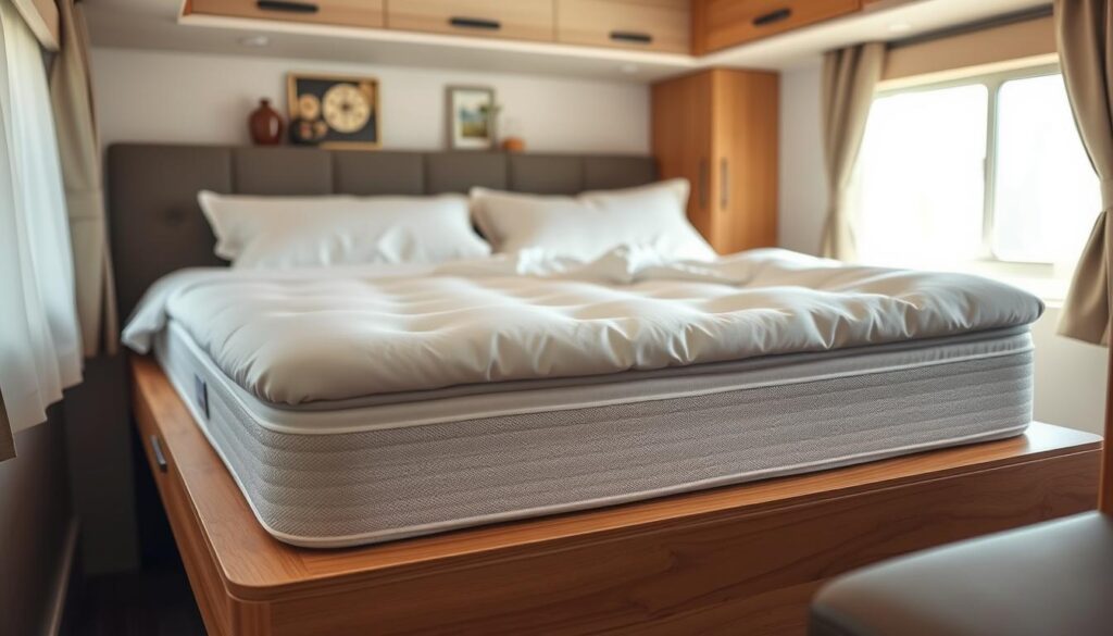 A cozy RV interior with a plush, memory foam mattress on a wooden platform bed frame. Soft lighting illuminates the scene, creating a warm, inviting atmosphere. The mattress is adorned with crisp, white bedding and fluffy pillows, beckoning for a restful night's sleep. The background features tasteful RV decor, hinting at the comforts of home. The camera angle is slightly elevated, capturing the entire sleeping area and conveying a sense of tranquility and relaxation. A pristine, high-quality memory foam mattress elevates the RV experience, promising unparalleled comfort for the adventurous traveler.