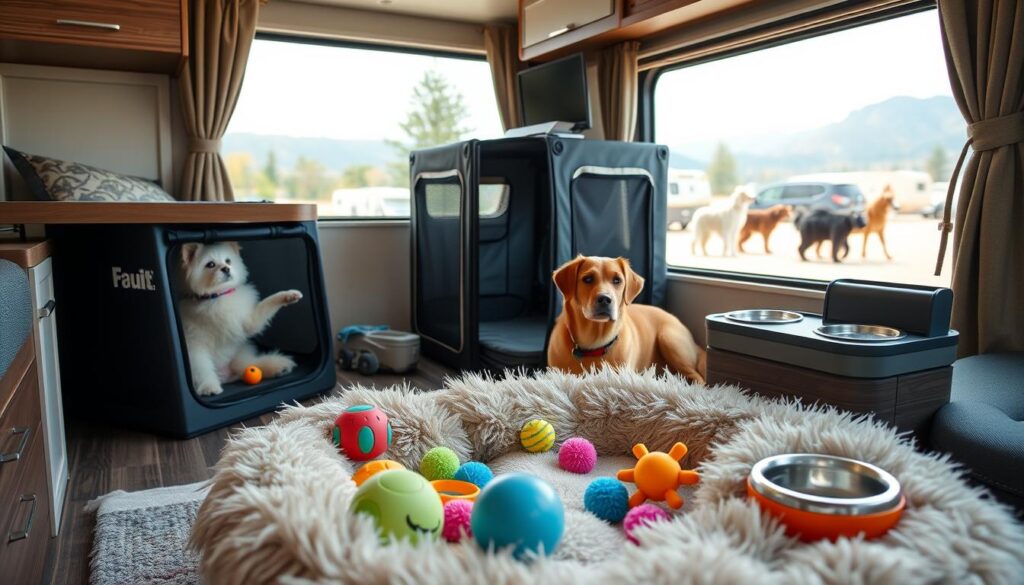 A cozy RV interior, with a plush pet bed in the foreground, surrounded by a selection of colorful and interactive pet toys. In the middle ground, a collapsible travel crate and a portable water/food bowl set, all in sleek, modern designs. The background showcases a large window, letting in natural light and glimpses of a scenic RV park, where pets can socialize with new furry friends. The overall atmosphere is one of comfort, adventure, and pet-friendly socialization, capturing the spirit of RV travel with beloved companions. A cozy RV interior, with a plush pet bed in the foreground, surrounded by a selection of colorful and interactive pet toys. In the middle ground, a collapsible travel crate and a portable water/food bowl set, all in sleek, modern designs. The background showcases a large window, letting in natural light and glimpses of a scenic RV park, where pets can socialize with new furry friends. The overall atmosphere is one of comfort, adventure, and pet-friendly socialization, capturing the spirit of RV travel with beloved companions.