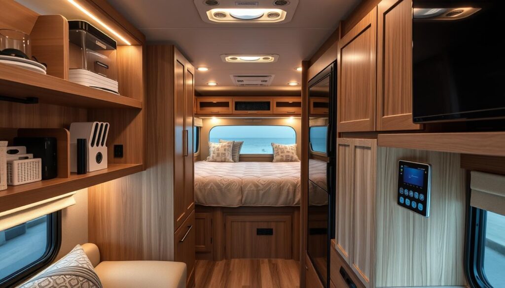 A cozy RV interior with custom storage solutions expertly integrated with smart home technology. Neatly organized shelves and compartments line the walls, housing a mix of analog and digital organizational tools. The cabin is bathed in warm, soft lighting, creating a welcoming atmosphere. A sleek touchscreen control panel is seamlessly embedded into the cabinetry, allowing effortless management of lighting, climate, and entertainment systems. Subtle accent lighting highlights key storage areas, making it easy to locate and access items. The overall design strikes a balance between functionality and style, showcasing how technology can elevate the RV living experience.