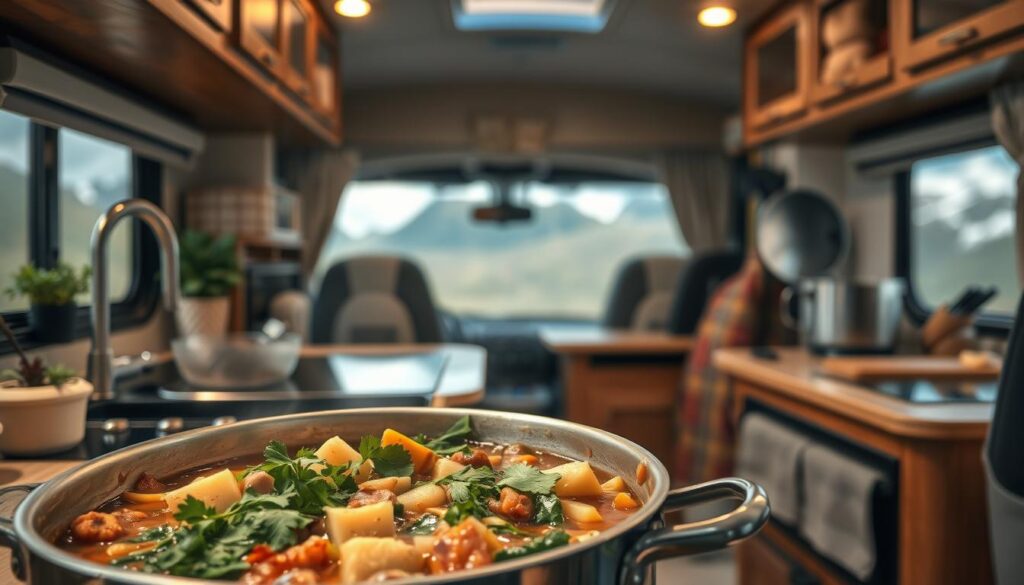 A cozy RV kitchen with a rustic, inviting atmosphere. In the foreground, a simmering one-pot meal, its aroma filling the air. Fresh herbs, vegetables, and hearty ingredients come together in a savory stew, ready to nourish adventurous souls. Overhead, soft, warm lighting casts a comforting glow, while the middle ground showcases RV-friendly cooking tools and utensils. In the background, glimpses of the great outdoors through a window, hinting at the journey and experiences that inspired this satisfying one-pot dinner. A cozy RV kitchen with a rustic, inviting atmosphere. In the foreground, a simmering one-pot meal, its aroma filling the air. Fresh herbs, vegetables, and hearty ingredients come together in a savory stew, ready to nourish adventurous souls. Overhead, soft, warm lighting casts a comforting glow, while the middle ground showcases RV-friendly cooking tools and utensils. In the background, glimpses of the great outdoors through a window, hinting at the journey and experiences that inspired this satisfying one-pot dinner.