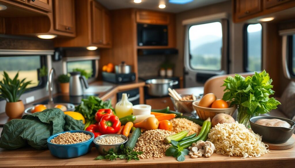 A cozy RV kitchen with a variety of healthy, customizable ingredients laid out on the countertop. In the foreground, an assortment of fresh produce, whole grains, and lean proteins. In the middle ground, small appliances and cooking utensils, suggesting the preparation of a hearty, one-pot meal. The background features a warm, soft-lit interior with wooden cabinetry and a window overlooking a serene, natural landscape. The overall mood is one of nourishment, flexibility, and the joys of adventurous RV living. A cozy RV kitchen with a variety of healthy, customizable ingredients laid out on the countertop. In the foreground, an assortment of fresh produce, whole grains, and lean proteins. In the middle ground, small appliances and cooking utensils, suggesting the preparation of a hearty, one-pot meal. The background features a warm, soft-lit interior with wooden cabinetry and a window overlooking a serene, natural landscape. The overall mood is one of nourishment, flexibility, and the joys of adventurous RV living.