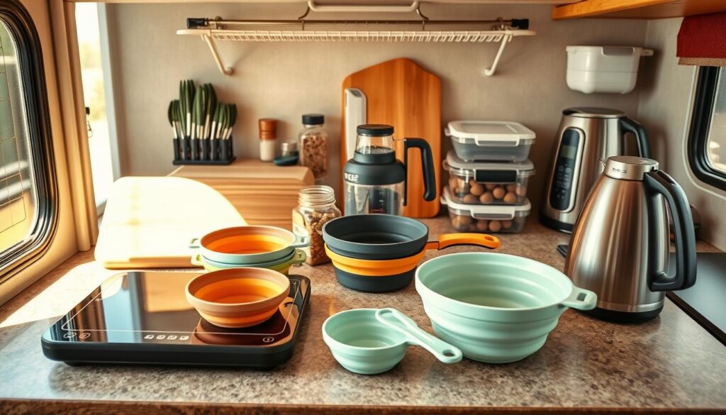 A cozy RV kitchen with a variety of space-saving cooking supplies neatly arranged on the countertop. In the foreground, a compact induction cooktop, collapsible silicone cookware, and a set of nested measuring cups. In the middle ground, a compact food processor, a sturdy cutting board, and a jar of spices. In the background, a folding dish drying rack, a set of reusable storage containers, and a sleek electric kettle. The scene is bathed in warm, natural lighting, creating a welcoming and efficient atmosphere for meal preparation in the RV. The overall composition emphasizes the thoughtful selection and organization of essential, multi-functional kitchen tools to maximize the limited space. A cozy RV kitchen with a variety of space-saving cooking supplies neatly arranged on the countertop. In the foreground, a compact induction cooktop, collapsible silicone cookware, and a set of nested measuring cups. In the middle ground, a compact food processor, a sturdy cutting board, and a jar of spices. In the background, a folding dish drying rack, a set of reusable storage containers, and a sleek electric kettle. The scene is bathed in warm, natural lighting, creating a welcoming and efficient atmosphere for meal preparation in the RV. The overall composition emphasizes the thoughtful selection and organization of essential, multi-functional kitchen tools to maximize the limited space.