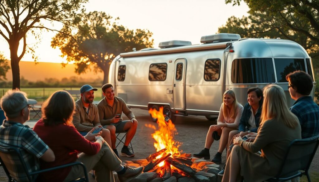 A cozy RV park at golden hour, with a group of solo travelers gathered around a crackling campfire. In the foreground, a diverse group of men and women in casual attire exchange stories and swap travel tips, their faces lit by the warm glow of the flames. In the middle ground, a well-appointed Airstream trailer stands as a symbol of the adventurous lifestyle, its sleek aluminum curves reflecting the fading sunlight. The background features a tranquil, tree-lined landscape, hinting at the scenic vistas and hidden gems these travelers have discovered on the open road. The overall atmosphere is one of camaraderie, shared experiences, and a sense of community among those who have chosen the solitary but rewarding path of the solo RV traveler. A cozy RV park at golden hour, with a group of solo travelers gathered around a crackling campfire. In the foreground, a diverse group of men and women in casual attire exchange stories and swap travel tips, their faces lit by the warm glow of the flames. In the middle ground, a well-appointed Airstream trailer stands as a symbol of the adventurous lifestyle, its sleek aluminum curves reflecting the fading sunlight. The background features a tranquil, tree-lined landscape, hinting at the scenic vistas and hidden gems these travelers have discovered on the open road. The overall atmosphere is one of camaraderie, shared experiences, and a sense of community among those who have chosen the solitary but rewarding path of the solo RV traveler.