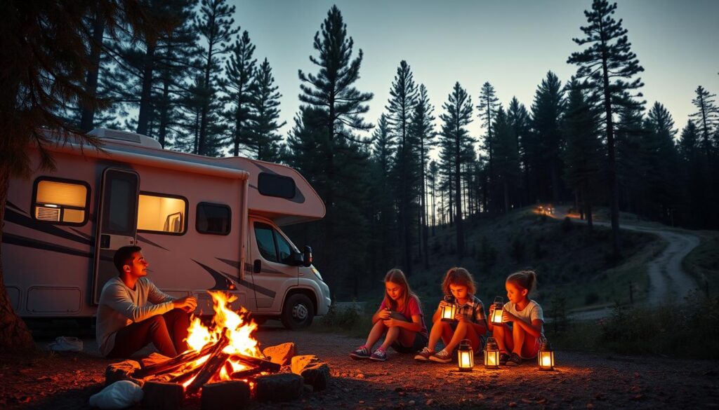A cozy RV parked amidst a lush forest, with a family exploring the great outdoors. In the foreground, a young couple sits by a crackling campfire, gazing up at the starry night sky. In the middle ground, a group of children play with educational science kits, their faces illuminated by the warm glow of lanterns. In the background, towering pine trees sway gently, and a winding hiking trail leads off into the distance, inviting viewers to embark on their own adventure. The lighting is soft and golden, creating a serene, welcoming atmosphere. The camera angle is slightly elevated, capturing the scene with a sense of wonder and discovery. A cozy RV parked amidst a lush forest, with a family exploring the great outdoors. In the foreground, a young couple sits by a crackling campfire, gazing up at the starry night sky. In the middle ground, a group of children play with educational science kits, their faces illuminated by the warm glow of lanterns. In the background, towering pine trees sway gently, and a winding hiking trail leads off into the distance, inviting viewers to embark on their own adventure. The lighting is soft and golden, creating a serene, welcoming atmosphere. The camera angle is slightly elevated, capturing the scene with a sense of wonder and discovery.