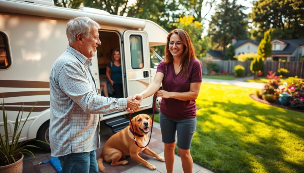 A cozy RV parked in a lush, green backyard, with a well-groomed dog lounging on the patio. In the foreground, a smiling pet owner hands over the leash to a friendly-looking house sitter, capturing the seamless transition of pet care responsibilities. The scene is bathed in warm, golden sunlight, creating a welcoming and inviting atmosphere. Through a wide-angle lens, the background reveals a neatly trimmed lawn, a vibrant garden, and a tranquil neighborhood, conveying the ideal setting for a pet-sitting opportunity for RVers on the go. A cozy RV parked in a lush, green backyard, with a well-groomed dog lounging on the patio. In the foreground, a smiling pet owner hands over the leash to a friendly-looking house sitter, capturing the seamless transition of pet care responsibilities. The scene is bathed in warm, golden sunlight, creating a welcoming and inviting atmosphere. Through a wide-angle lens, the background reveals a neatly trimmed lawn, a vibrant garden, and a tranquil neighborhood, conveying the ideal setting for a pet-sitting opportunity for RVers on the go.