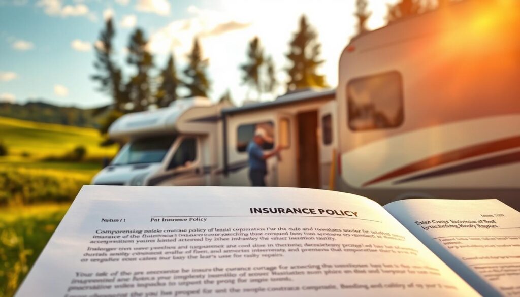 A cozy RV parked in a lush meadow, its roof shimmering in the warm afternoon sun. In the foreground, an open insurance policy document details comprehensive coverage for roof leaks, protecting the vehicle from costly repairs. The middle ground features a roofing contractor inspecting the RV's exterior, ensuring proper maintenance. In the background, a serene landscape of rolling hills and towering pines sets a peaceful mood. Soft, diffused lighting and a shallow depth of field focus the viewer's attention on the insurance policy, conveying the importance of proper coverage for RV roof leaks. A cozy RV parked in a lush meadow, its roof shimmering in the warm afternoon sun. In the foreground, an open insurance policy document details comprehensive coverage for roof leaks, protecting the vehicle from costly repairs. The middle ground features a roofing contractor inspecting the RV's exterior, ensuring proper maintenance. In the background, a serene landscape of rolling hills and towering pines sets a peaceful mood. Soft, diffused lighting and a shallow depth of field focus the viewer's attention on the insurance policy, conveying the importance of proper coverage for RV roof leaks.