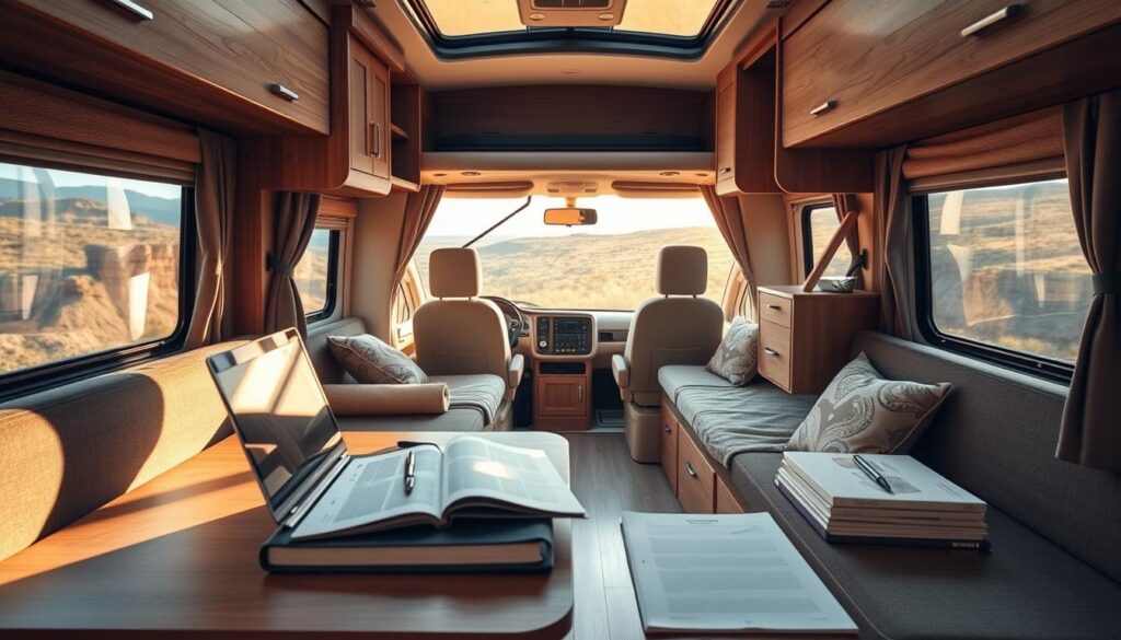 A cozy and inviting RV interior, bathed in warm, natural lighting through large windows. In the foreground, a flexible workspace setup with a laptop, textbooks, and learning materials neatly arranged on a sturdy table. In the middle ground, comfortable seating areas and storage solutions optimize the limited space, enabling a dynamic and adaptable learning environment. The background showcases the serene outdoor landscape, hinting at the opportunity for hands-on, experiential learning. The overall atmosphere conveys a sense of freedom, exploration, and the ability to create a personalized educational experience on the road. A cozy and inviting RV interior, bathed in warm, natural lighting through large windows. In the foreground, a flexible workspace setup with a laptop, textbooks, and learning materials neatly arranged on a sturdy table. In the middle ground, comfortable seating areas and storage solutions optimize the limited space, enabling a dynamic and adaptable learning environment. The background showcases the serene outdoor landscape, hinting at the opportunity for hands-on, experiential learning. The overall atmosphere conveys a sense of freedom, exploration, and the ability to create a personalized educational experience on the road.