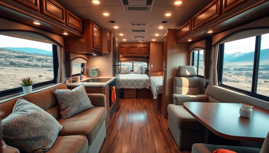 A cozy and inviting RV interior, with soft lighting creating a warm, relaxing atmosphere. A plush sofa and armchair nestled in the foreground, surrounded by tasteful decor and personal touches. The middle ground features a well-appointed kitchenette, with gleaming countertops and sleek appliances. In the background, a comfortable sleeping area with a plush mattress and cozy bedding, framed by large windows that offer scenic views of the surrounding landscape. The overall impression is one of a serene, well-designed space that feels like a true home away from home.