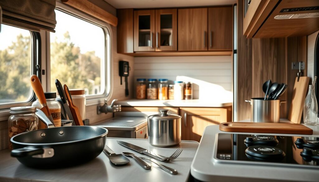 A cozy and organized RV kitchen, flooded with warm, natural lighting from a large window. In the foreground, an assortment of essential cookware neatly arranged: a cast-iron skillet, a stainless steel pot, and a set of sharp knives. In the middle ground, various storage containers and organizers line the countertops, efficiently containing spices, utensils, and dry goods. The background showcases the compact but well-equipped RV kitchen, with sleek, minimalist cabinetry and a modern, energy-efficient cooktop. The overall scene conveys a sense of practicality, functionality, and a touch of rustic charm, perfectly suited for the adventurous RV lifestyle. A cozy and organized RV kitchen, flooded with warm, natural lighting from a large window. In the foreground, an assortment of essential cookware neatly arranged: a cast-iron skillet, a stainless steel pot, and a set of sharp knives. In the middle ground, various storage containers and organizers line the countertops, efficiently containing spices, utensils, and dry goods. The background showcases the compact but well-equipped RV kitchen, with sleek, minimalist cabinetry and a modern, energy-efficient cooktop. The overall scene conveys a sense of practicality, functionality, and a touch of rustic charm, perfectly suited for the adventurous RV lifestyle.