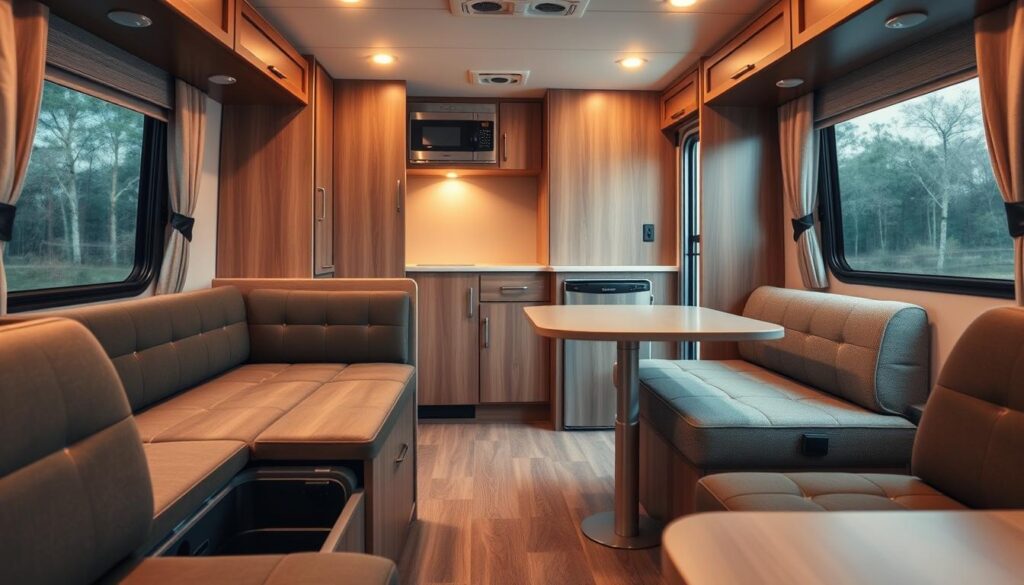 A cozy and well-organized RV interior showcasing a multi-functional furniture piece. In the foreground, a sleek, convertible sofa-bed unit with hidden storage compartments. In the middle ground, a folding dining table with integrated bench seating that can be reconfigured for various uses. The background features a compact kitchenette with minimalist cabinetry and a space-saving appliance setup. Warm lighting from overhead fixtures casts a soft glow, creating a welcoming atmosphere. The scene conveys efficient space utilization and a harmonious blend of form and function, embodying the essence of small-space living in an RV.