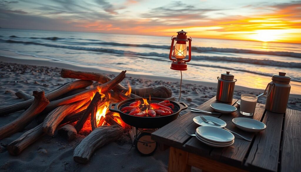 A cozy beach campfire setup with essential gear - a crackling fire pit surrounded by driftwood logs, a cast-iron grill gently smoking with sizzling seafood, a vintage camping lantern casting a warm glow, and a rustic wooden table laden with utensils, plates, and a thermos of hot cocoa. The scene is bathed in the golden hour light, with a backdrop of gently lapping waves and a vibrant sunset painting the horizon. The atmosphere is one of relaxation and adventure, inviting the viewer to imagine an evening of beachside revelry and the simple pleasures of outdoor living.