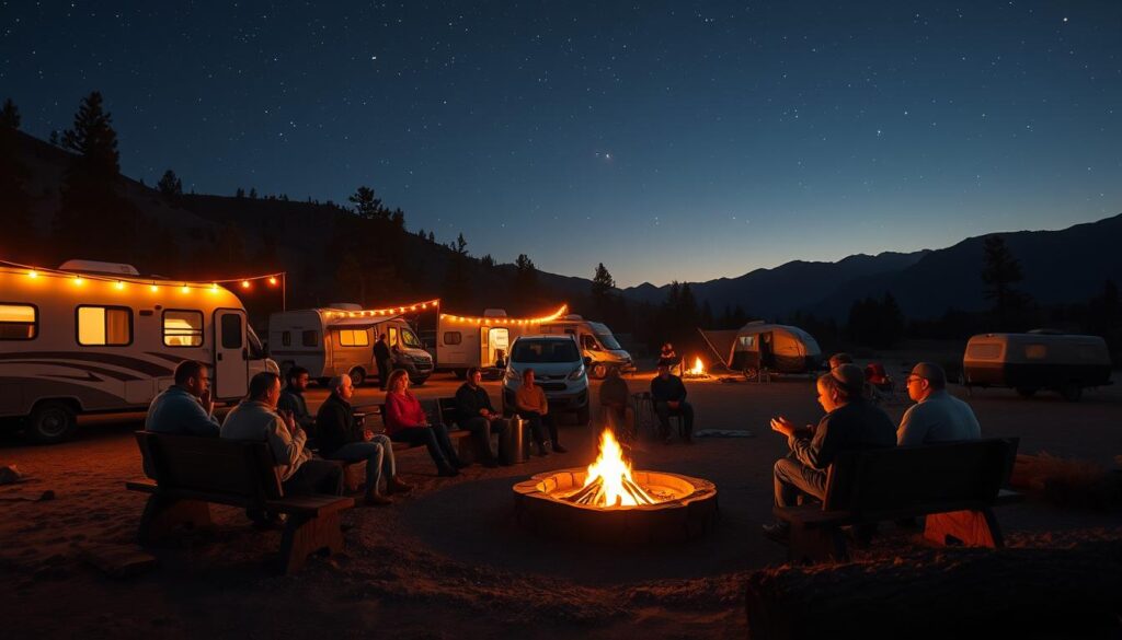 A cozy boondocking community nestled in a scenic mountain landscape, with campers gathered around a warm fire pit, sharing stories and tips on safe camping practices. The scene is bathed in the soft glow of campfires and starlight, creating a peaceful, inclusive atmosphere. In the foreground, a group of campers sit on log benches, discussing best practices for securing their vehicles and campsites, while in the middle ground, others prepare meals and tend to their campsites. The background showcases the majestic mountains, dotted with pine trees, and a clear night sky twinkling with stars. The overall mood is one of camaraderie, safety, and appreciation for the great outdoors.