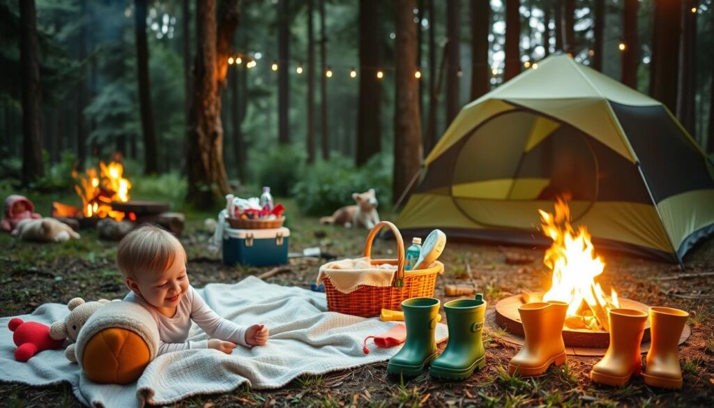 A cozy campsite nestled in a lush forest, a campfire crackling nearby. In the foreground, a soft blanket and plush toys surround a toddler playing contentedly. Nearby, a picnic basket and a small cooler filled with snacks and drinks. In the middle ground, a pair of tiny rain boots and a collection of colorful outdoor toys. In the background, a well-stocked gear tent, with a string of fairy lights illuminating the scene. Soft, warm lighting filters through the trees, creating a serene and inviting atmosphere perfect for a family camping adventure. A cozy campsite nestled in a lush forest, a campfire crackling nearby. In the foreground, a soft blanket and plush toys surround a toddler playing contentedly. Nearby, a picnic basket and a small cooler filled with snacks and drinks. In the middle ground, a pair of tiny rain boots and a collection of colorful outdoor toys. In the background, a well-stocked gear tent, with a string of fairy lights illuminating the scene. Soft, warm lighting filters through the trees, creating a serene and inviting atmosphere perfect for a family camping adventure.