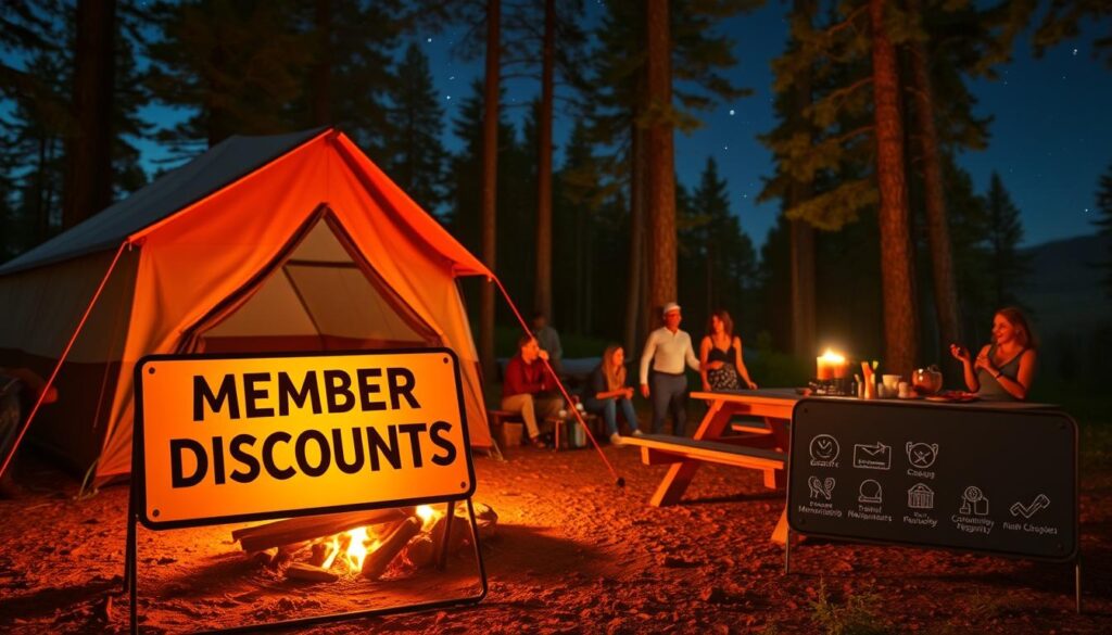 A cozy campsite with a large tent, a crackling campfire, and a picnic table adorned with camping gear. In the foreground, a sign displays "MEMBER DISCOUNTS" in bold letters, surrounded by icons representing various membership programs. The middle ground features a group of happy campers enjoying s'mores and playing games. The background showcases a serene forest landscape with towering pine trees and a starry night sky, illuminated by the warm glow of the campfire. The overall scene conveys a sense of adventure, community, and the benefits of camping membership programs. A cozy campsite with a large tent, a crackling campfire, and a picnic table adorned with camping gear. In the foreground, a sign displays "MEMBER DISCOUNTS" in bold letters, surrounded by icons representing various membership programs. The middle ground features a group of happy campers enjoying s'mores and playing games. The background showcases a serene forest landscape with towering pine trees and a starry night sky, illuminated by the warm glow of the campfire. The overall scene conveys a sense of adventure, community, and the benefits of camping membership programs.