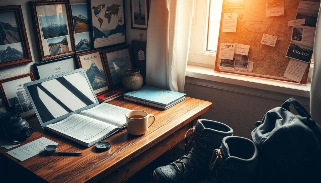 A cozy corner of a study, bathed in warm, diffused lighting from a nearby window. On the wooden desk, an open laptop, a travel guidebook, and a compass rest alongside a mug of steaming tea. Framed photos of past adventures line the walls, while a corkboard displays a collage of maps, tickets, and handwritten travel tips. In the foreground, a pair of well-worn hiking boots and a backpack hint at the adventurer's mindset. The overall atmosphere evokes a sense of tranquility, inspiration, and the excitement of planning a new journey.