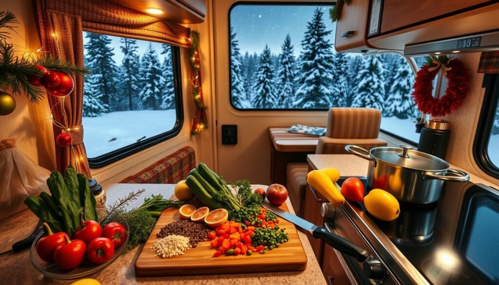 A cozy holiday RV kitchen scene, bathed in warm, soft lighting. On the countertop, an array of freshly chopped vegetables, herbs, and spices, ready for a delectable RV-friendly meal preparation. A cutting board, sharp knife, and a simmering pot on the stove set the stage for culinary magic. The RV's compact yet efficient layout is evident, with strategically placed storage and appliances. Through the windows, a winter wonderland landscape of snow-capped pines and a clear, starry sky sets the festive mood. The atmosphere is one of tranquility, creativity, and the joy of holiday celebrations on the open road.