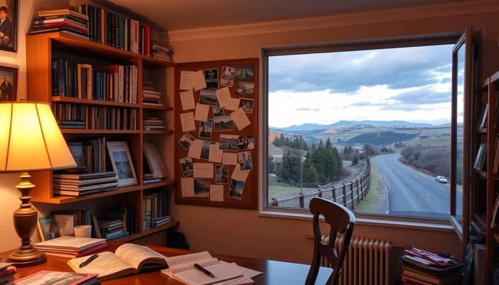 A cozy home interior with a desk, chair, and shelves filled with educational travel resources - guidebooks, maps, travel journals, and hands-on learning materials. Warm lighting from a table lamp creates a welcoming atmosphere. In the middle ground, a bulletin board displays pinned travel photos, postcards, and handwritten notes. The background features a large window overlooking a scenic landscape - rolling hills, trees, and a winding road. The overall mood is one of inspiration, adventure, and a sense of discovery through educational travel. A cozy home interior with a desk, chair, and shelves filled with educational travel resources - guidebooks, maps, travel journals, and hands-on learning materials. Warm lighting from a table lamp creates a welcoming atmosphere. In the middle ground, a bulletin board displays pinned travel photos, postcards, and handwritten notes. The background features a large window overlooking a scenic landscape - rolling hills, trees, and a winding road. The overall mood is one of inspiration, adventure, and a sense of discovery through educational travel.