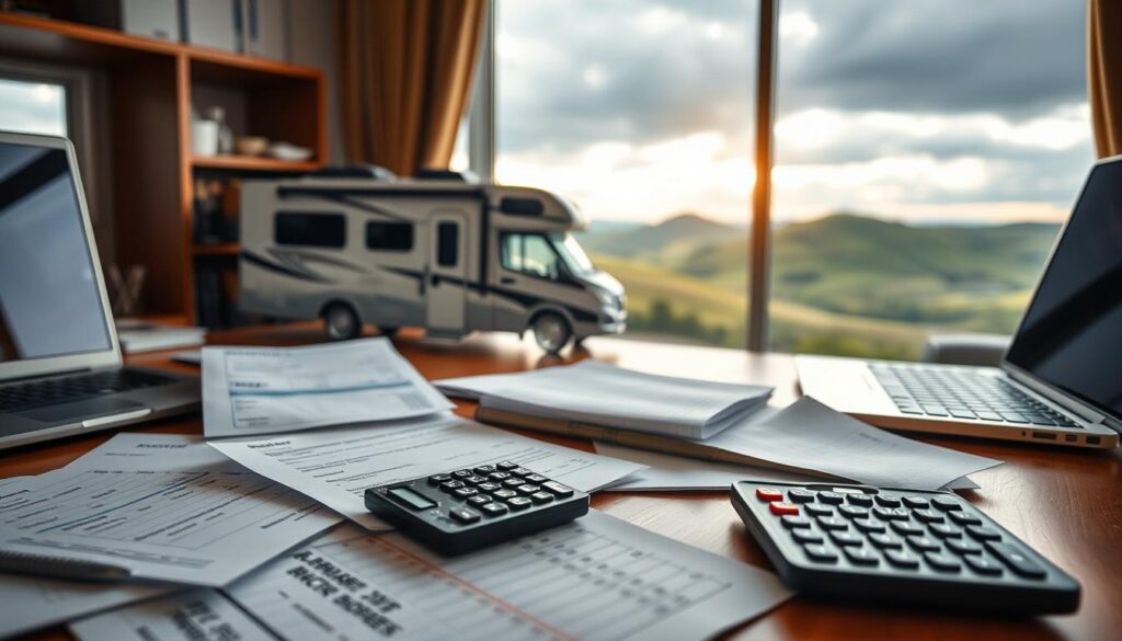 A cozy home office with an organized desk showcasing financial documents, a laptop, and a calculator. In the foreground, carefully arranged RV maintenance receipts, invoices, and budget spreadsheets. The middle ground features a meticulously detailed 3D model of an RV, while the background depicts a serene landscape with rolling hills and a cloudy sky, creating a sense of tranquility and thoughtful planning. Warm, natural lighting illuminates the scene, emphasizing the importance of diligent financial management for RV owners. A cozy home office with an organized desk showcasing financial documents, a laptop, and a calculator. In the foreground, carefully arranged RV maintenance receipts, invoices, and budget spreadsheets. The middle ground features a meticulously detailed 3D model of an RV, while the background depicts a serene landscape with rolling hills and a cloudy sky, creating a sense of tranquility and thoughtful planning. Warm, natural lighting illuminates the scene, emphasizing the importance of diligent financial management for RV owners.